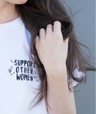 Unisex white t-shirt with "support other women" embroidered logo on the chest